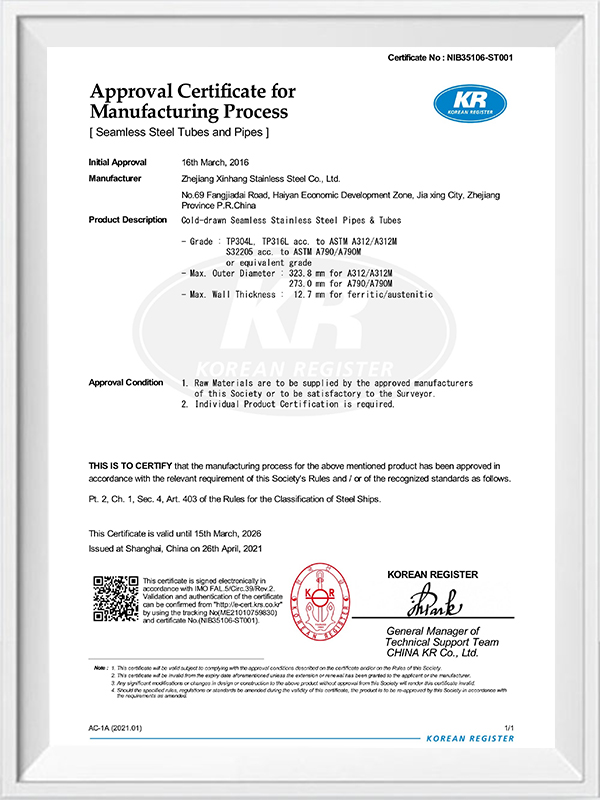 Approval Certificate for Manufacturing Process